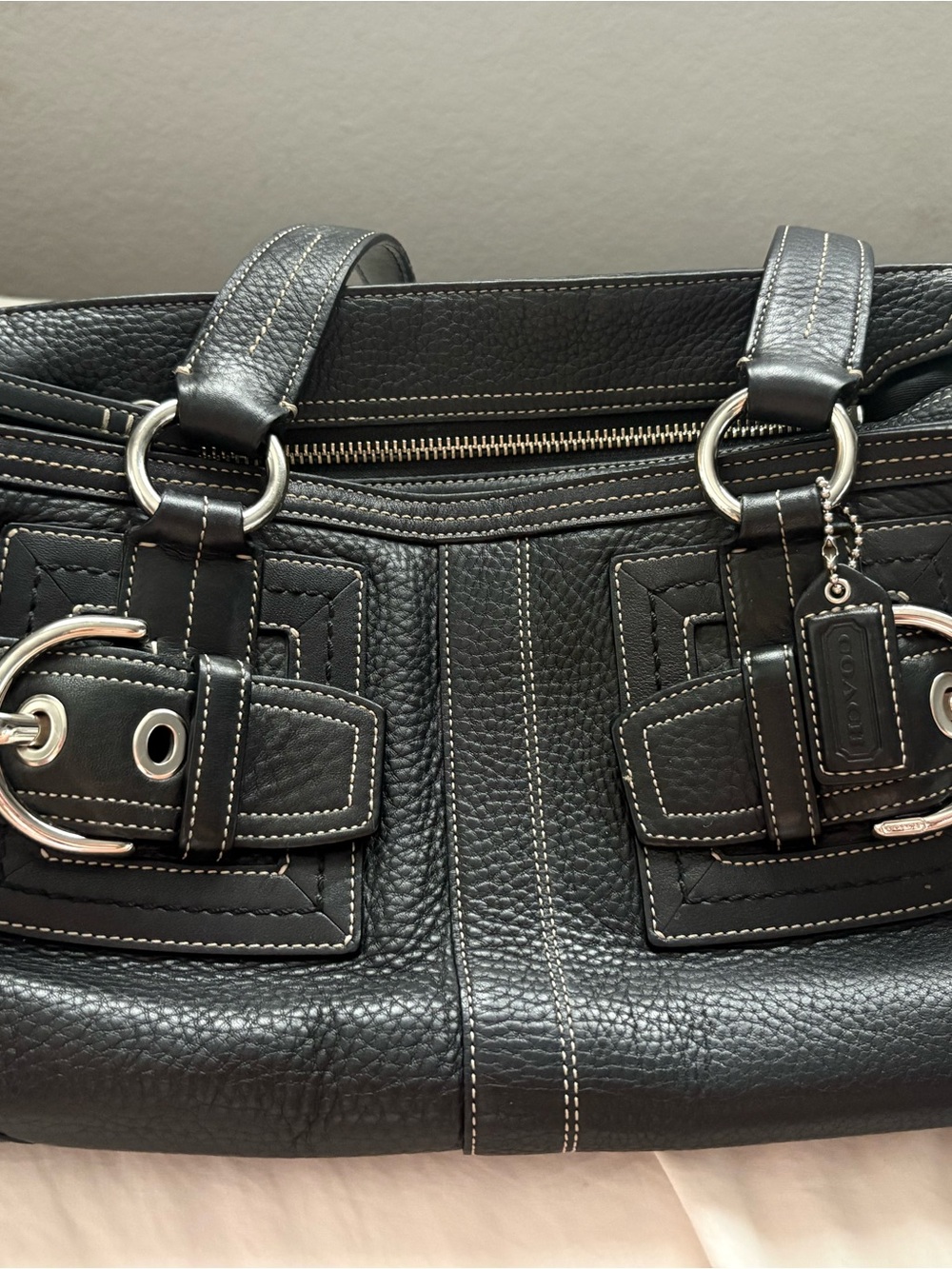 Coach Black Pebbled Leather Shoulder Bag with Silver Accents